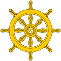 Dharma wheel is a representation of karma cause and effect with the wheel of rebirth. Until meditation the pathway to enlightenment path has been achieved.