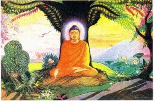 Buddha classic Asian meditation position under Bodhi tree strong auric nimbus nirvanic peace Evolution spiritual consciousness resisted by ego or personality
