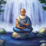 Meditating monk is pointing in only direction leading anywhere which is straight up a timeless secret. Path of increasing frequency or vibration consciousness