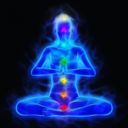 Meditator showing seven energy centre Chakras: Base, Sacral, Solar Plexus, Heart, Throat, Brow, Crown. First three are lower man and next four spiritual man.