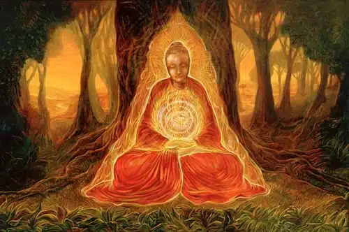 Meditating Buddha revealing a golden aura with strong energy emanations from the heart chakra. Tibetan book of the dead