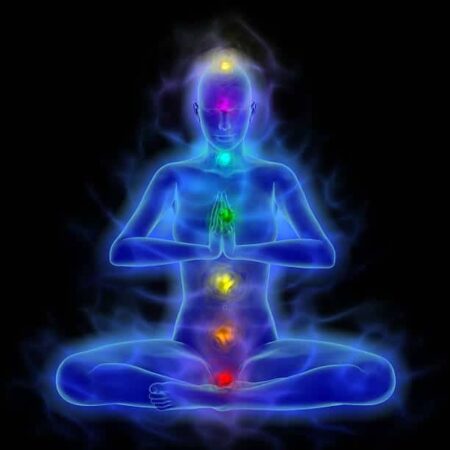 Photo is showing the seven main energy centres or chakras in the body; which all become balanced in their function. When you become meditation enlightened.